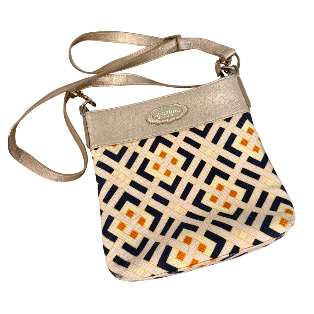 Spartina 449 Crossbody Bag Small Navy Gold Orange Geometric Linen Leather Trim
